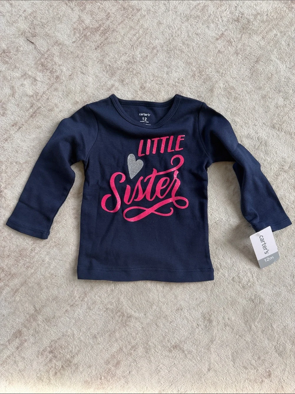 Carter's Navy Long-Sleeve Tee with Pink 'Little Sister' Script and Silver Heart